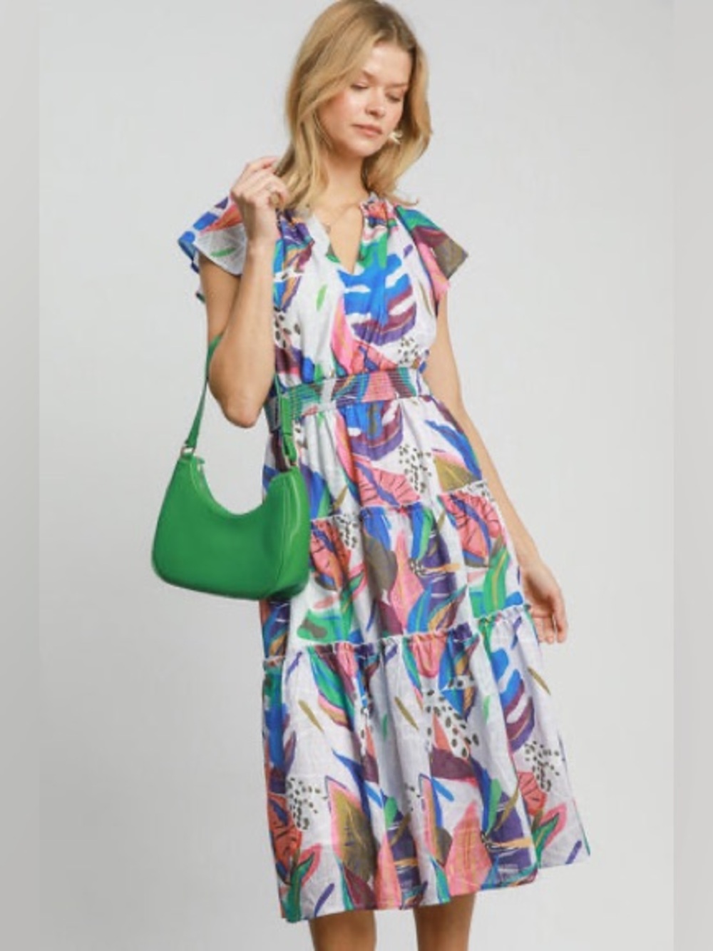 NWT Umgee Multi Colored Leaf Print Midi Dress in Blue Mix Medium